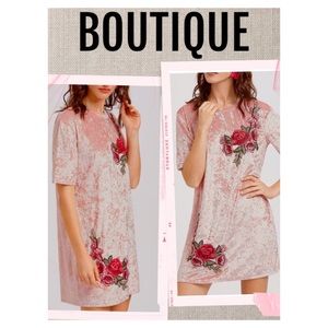 Dress Velvet Rose Spring Color Mini Dress with Embroidered Roses Appliqué Size S
